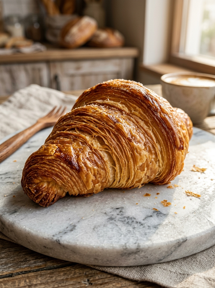 Macro shot of a flaky croissant